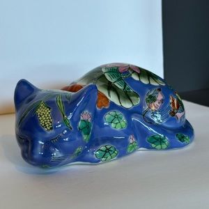 Vintage porcelain resting cat hand painted Macau style Asian floral birds decor